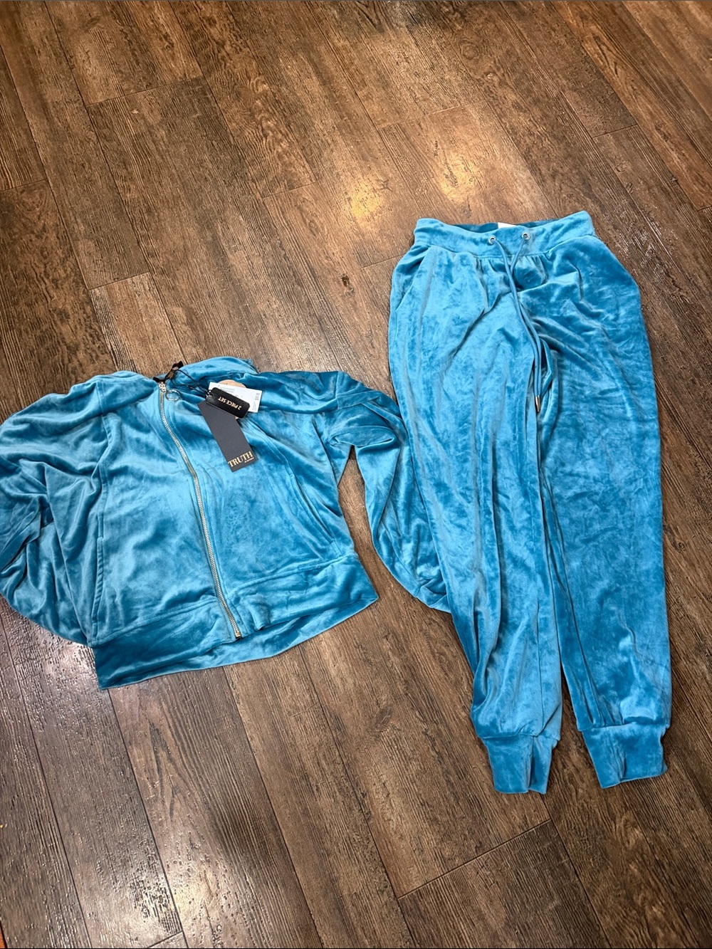 Women's Teal Velvet Track Jogger Set - Zip Jacket & Drawstring Pants